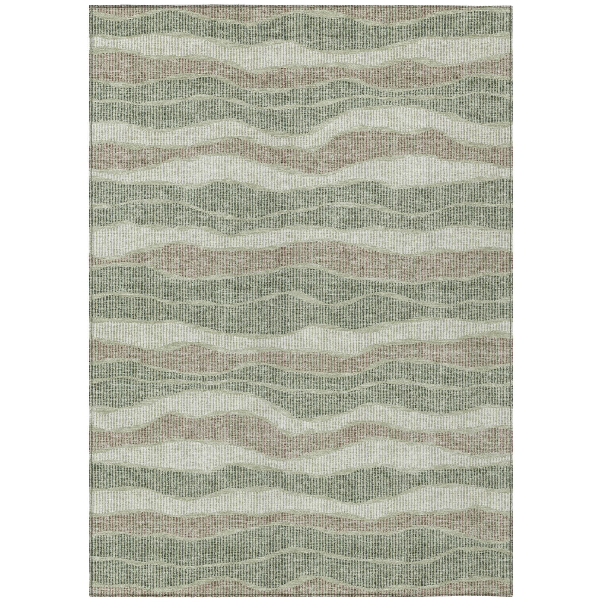 Sage green and beige striped area rug with wavy lines, washable flat weave