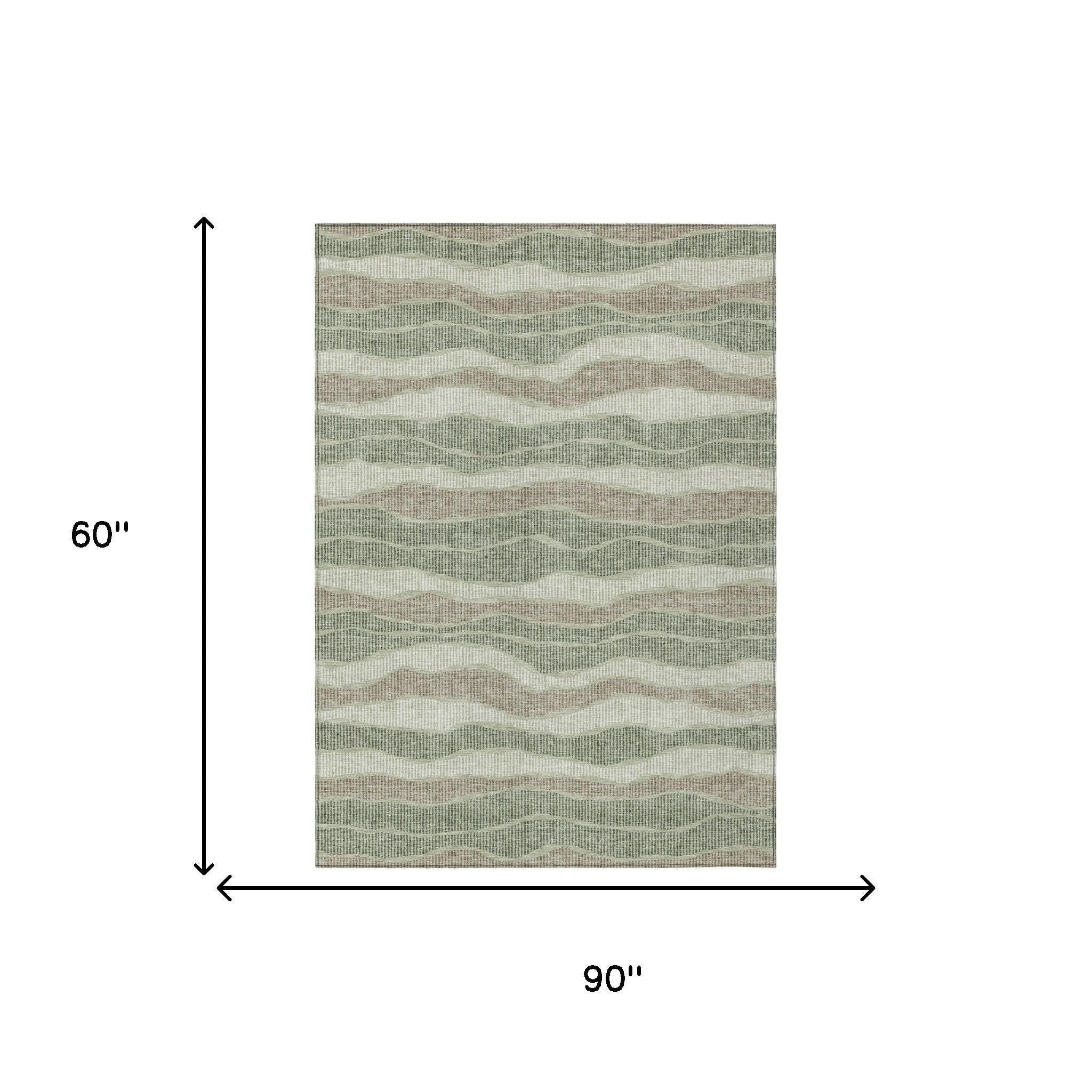 90 in x 60 in rectangle area rug with wavy stripe pattern in sage green and beige