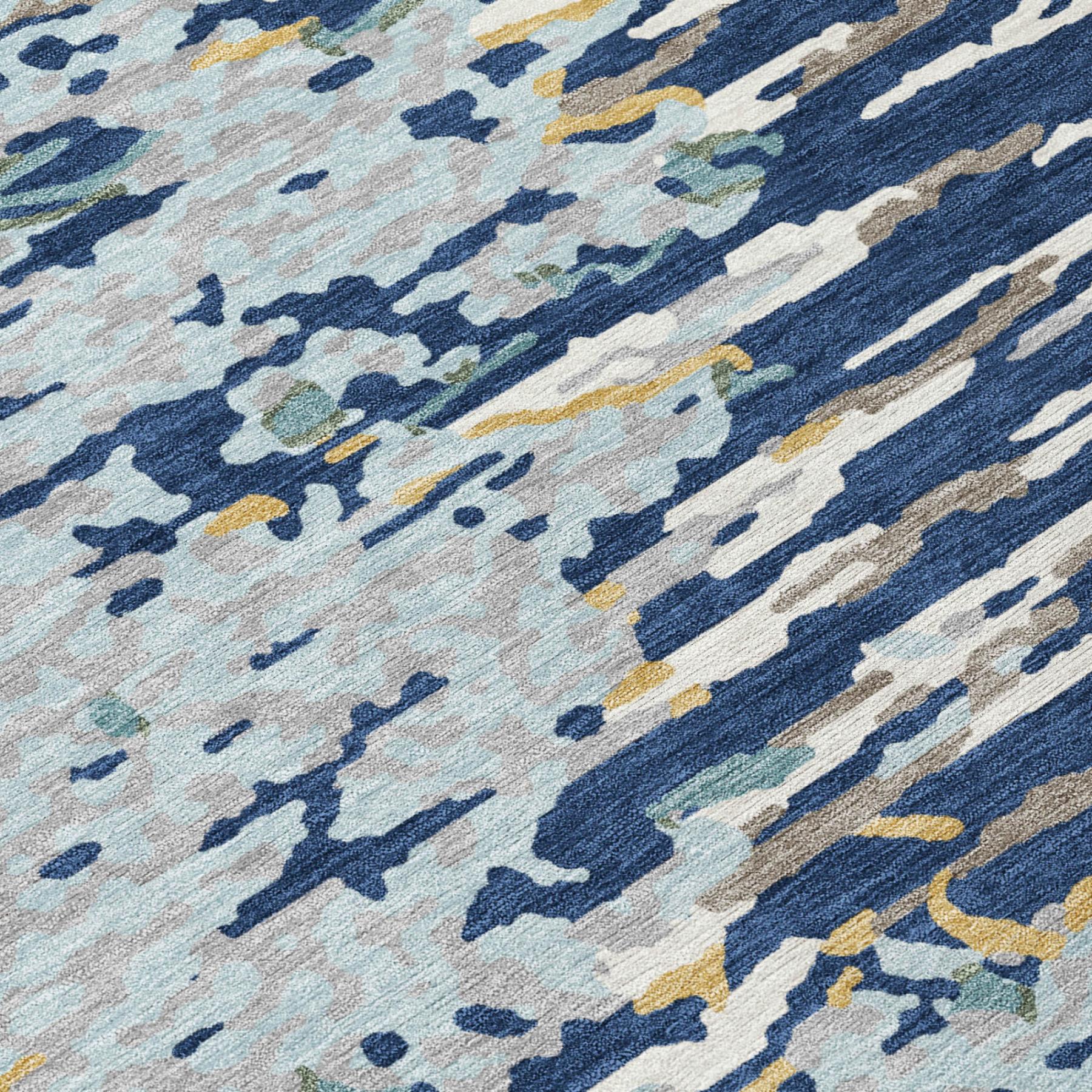 Navy-blue abstract washable area rug, indoor/outdoor, close-up weave texture