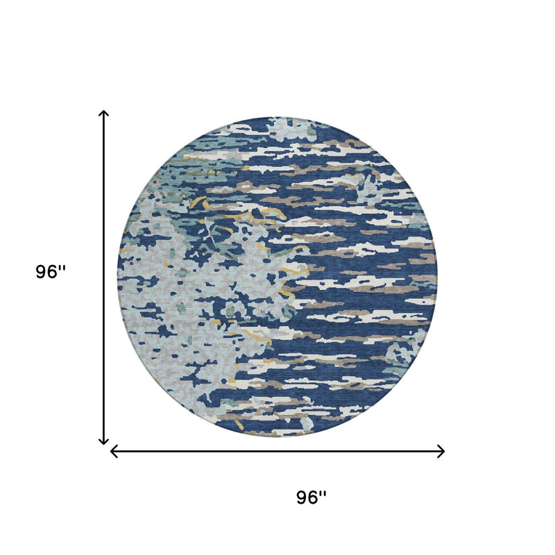 Round washable area rug, blue abstract pattern with size markings 96 in