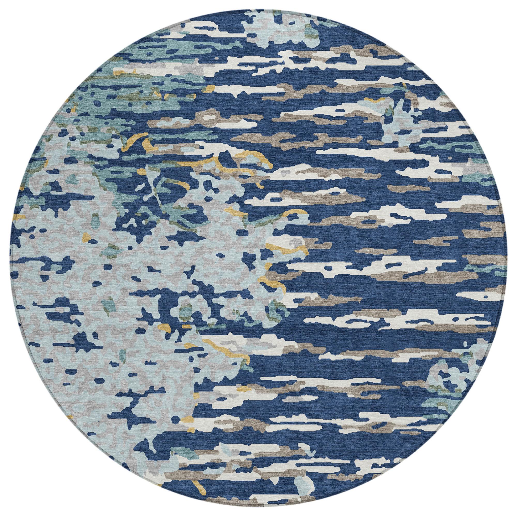 Round washable area rug with blue abstract block pattern