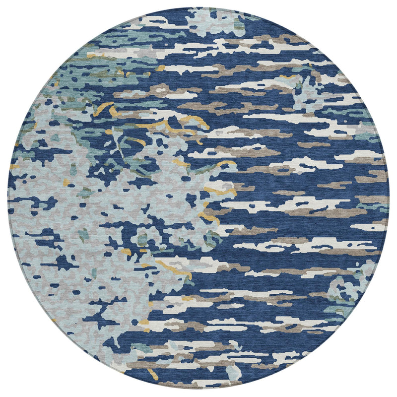 Round washable area rug with blue abstract block pattern