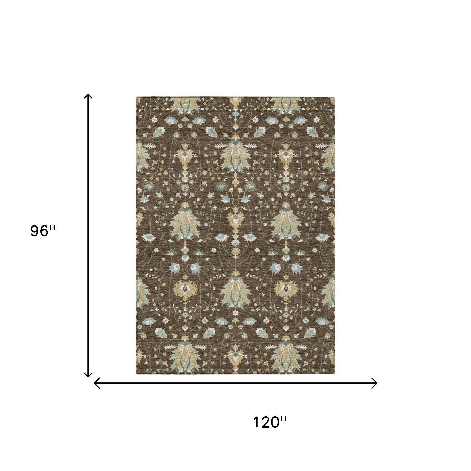 8x10 brown oriental area rug with cream and light blue floral motifs