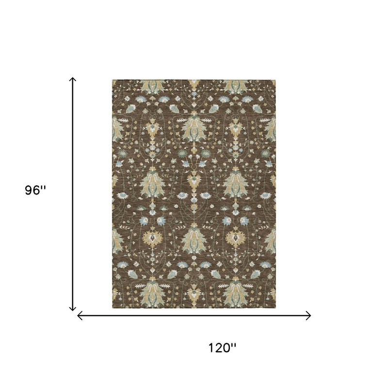 8x10 brown oriental area rug with cream and light blue floral motifs