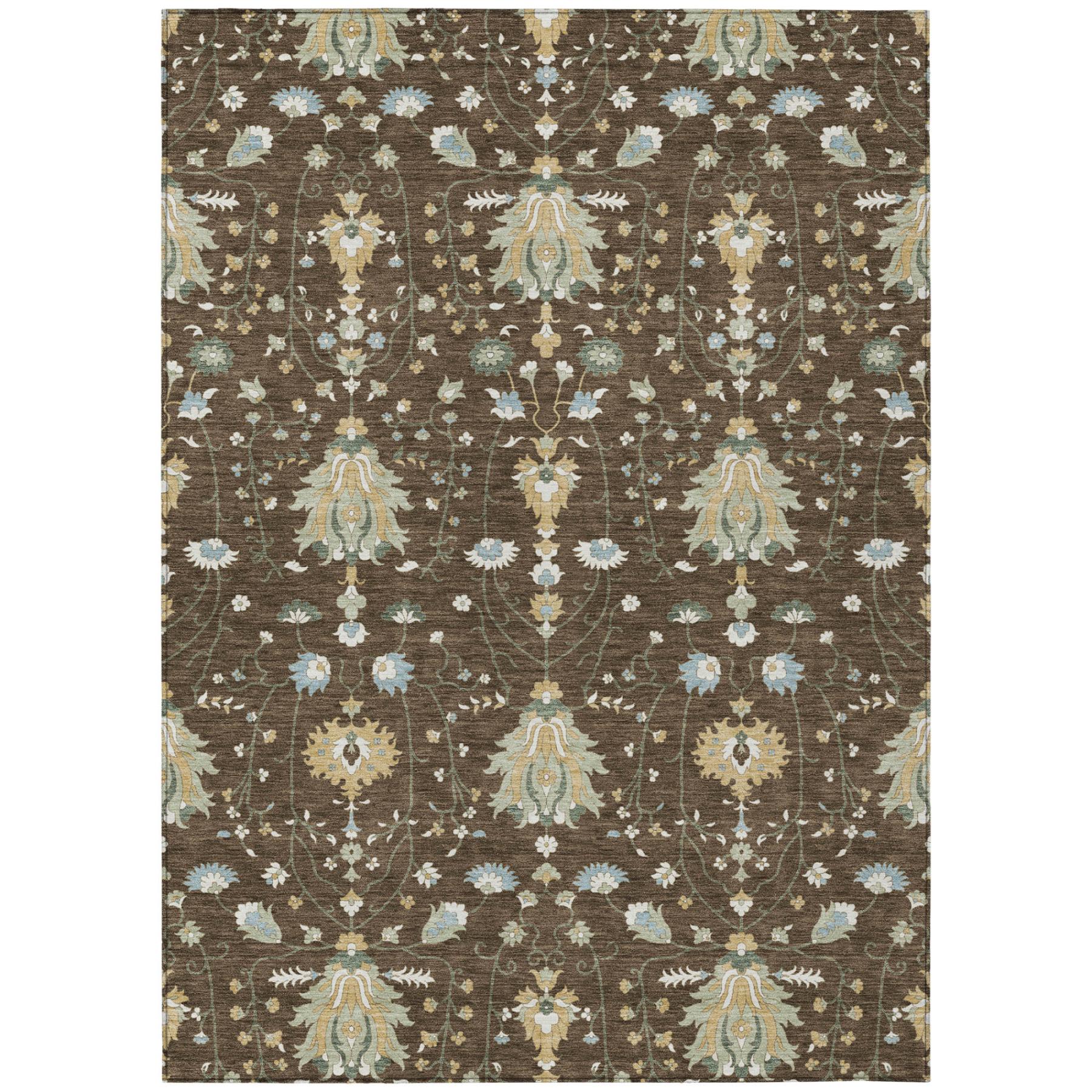 Brown oriental area rug with detailed cream and light blue damask motifs