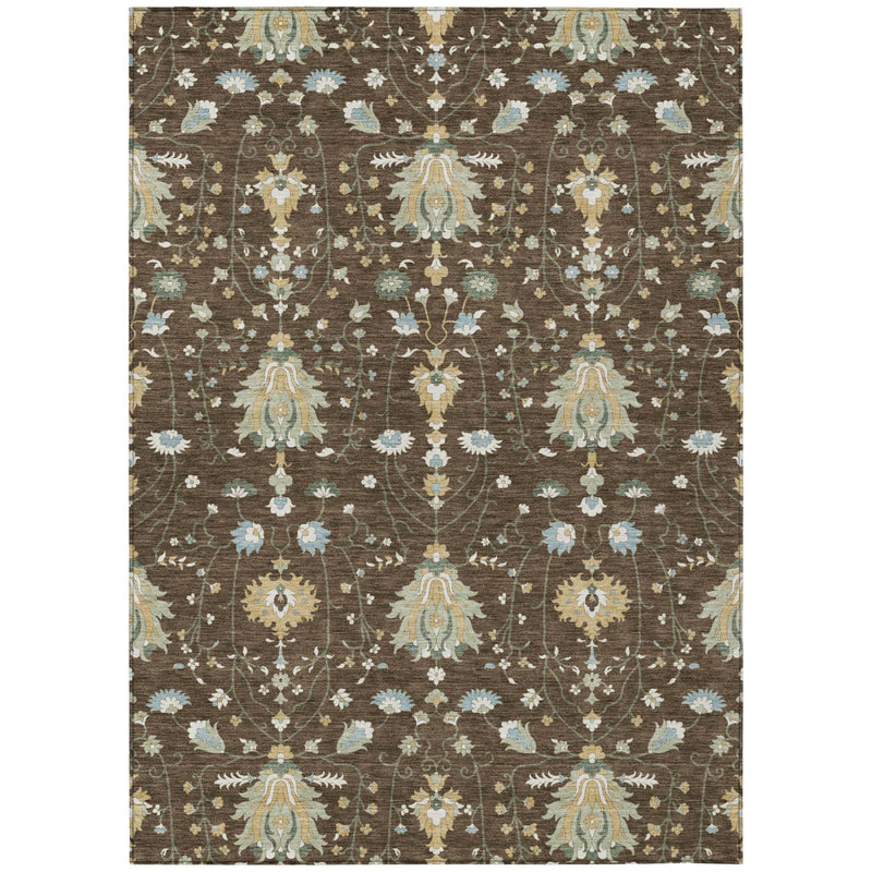 Brown oriental area rug with detailed cream and light blue damask motifs