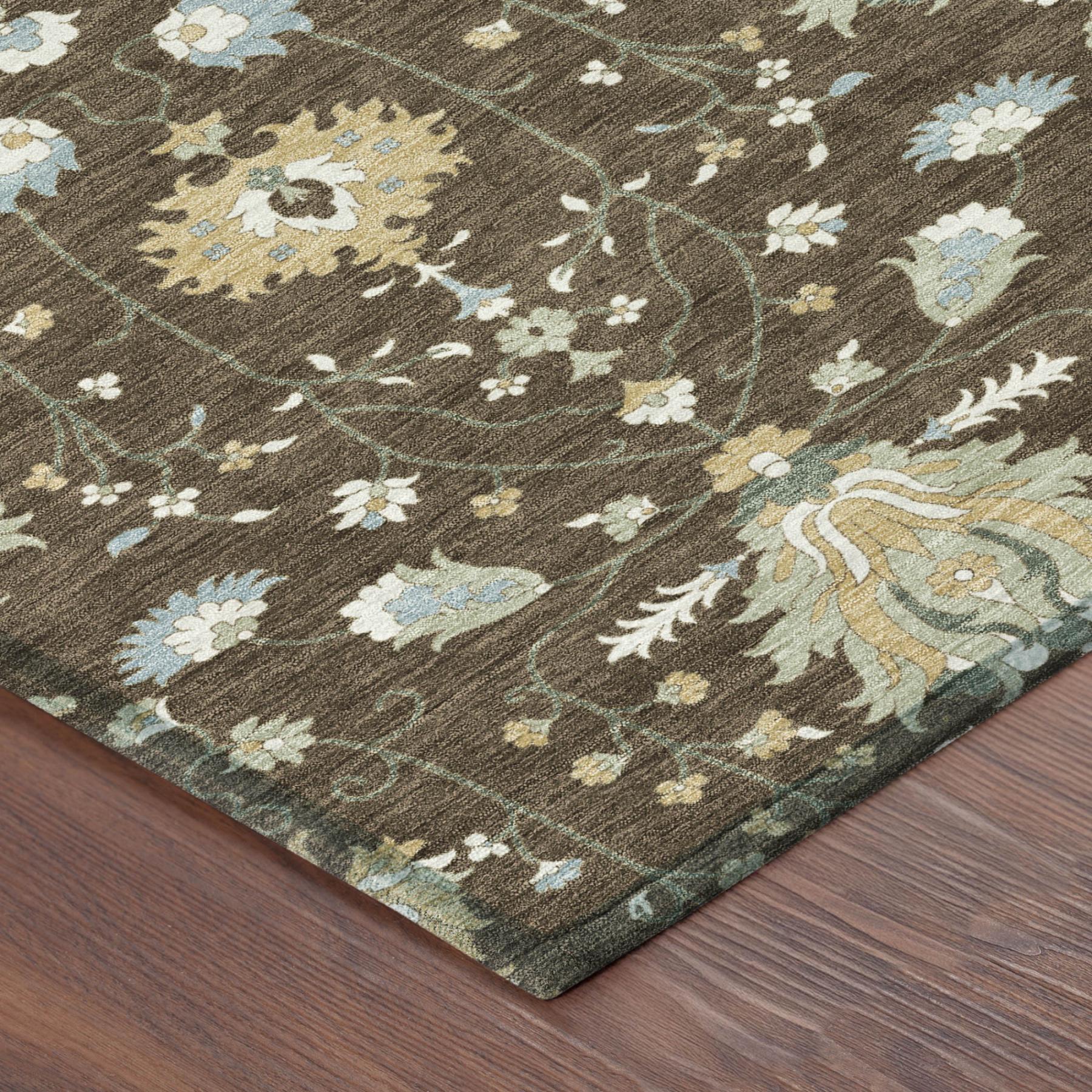 Brown oriental area rug corner with cream and light blue floral medallion pattern