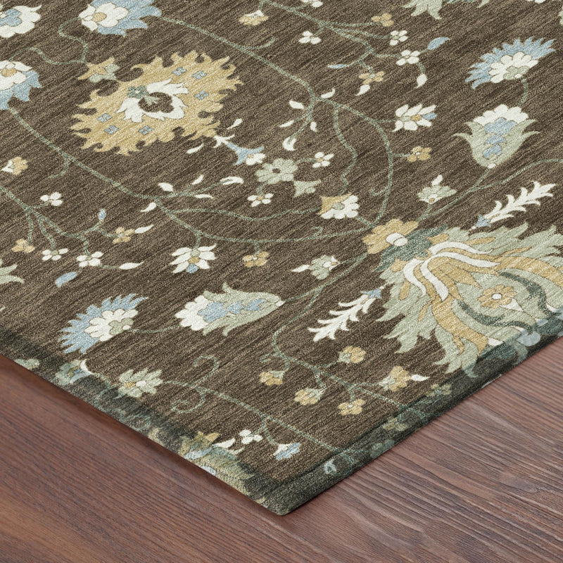 Brown oriental area rug corner with cream and light blue floral medallion pattern