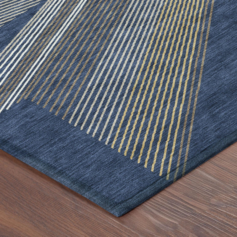 Navy and blue geometric area rug corner with striped pattern and flat woven texture