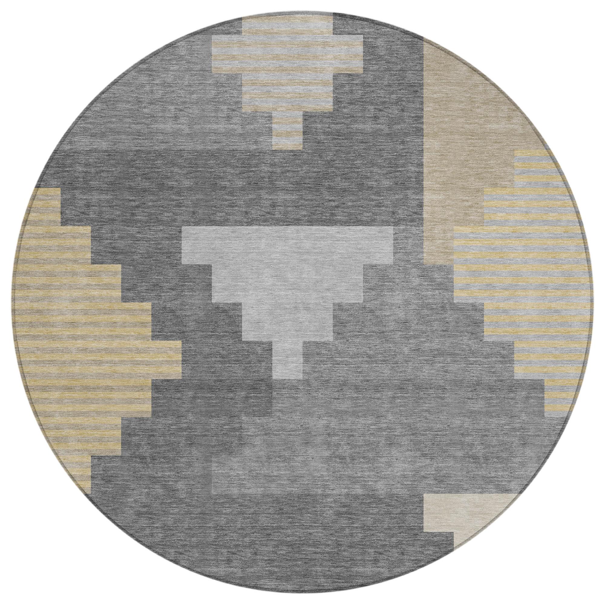 Gray and graphite round geometric area rug with beige and yellow block pattern
