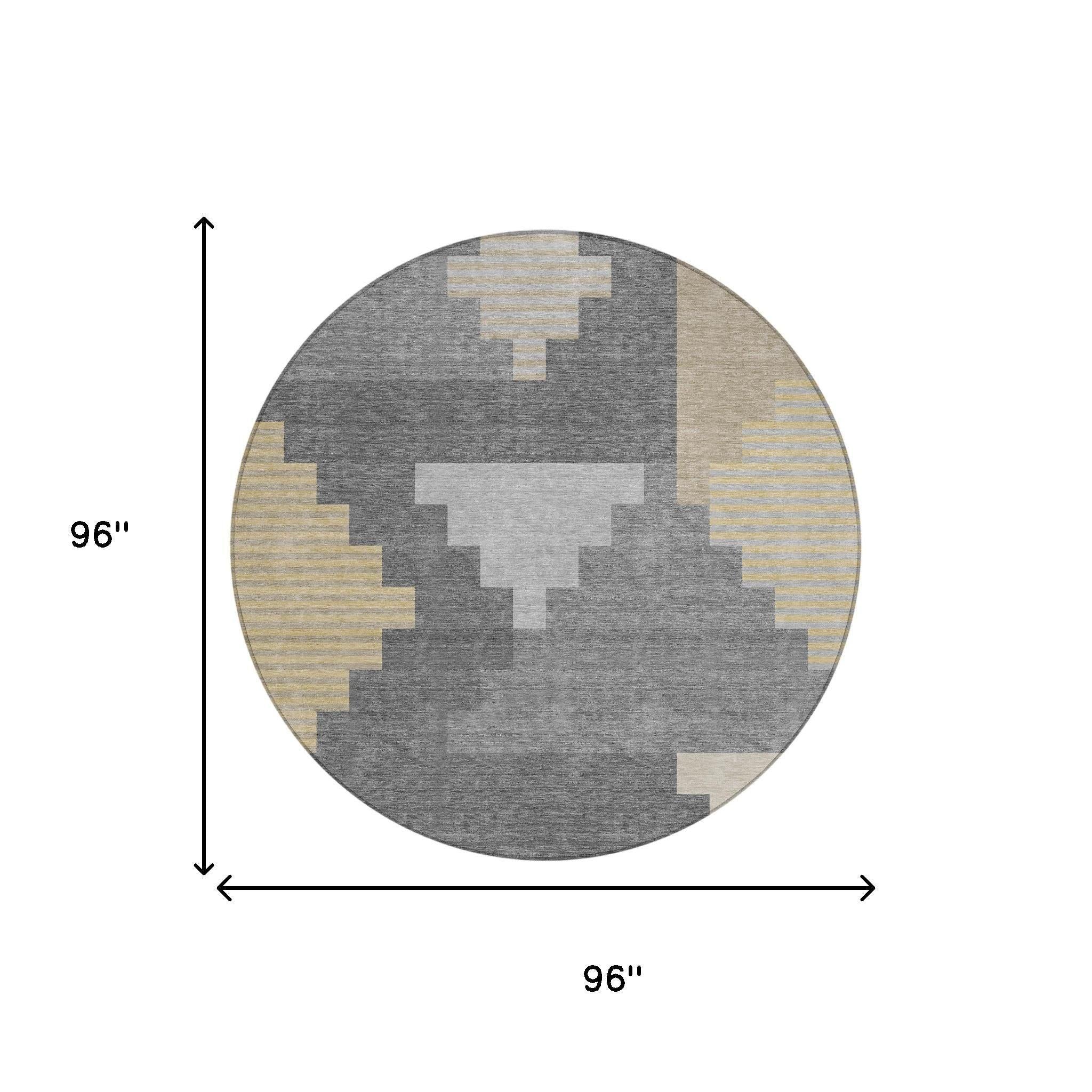 Round gray geometric area rug with beige and yellow block details