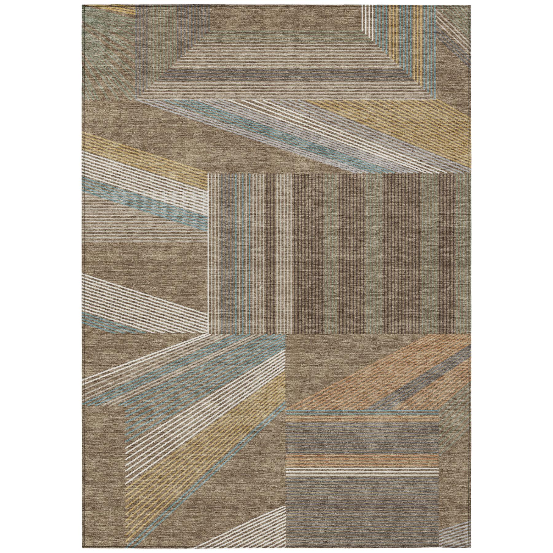 Rectangular geometric area rug in brown, gray, white, and blue stripe patchwork