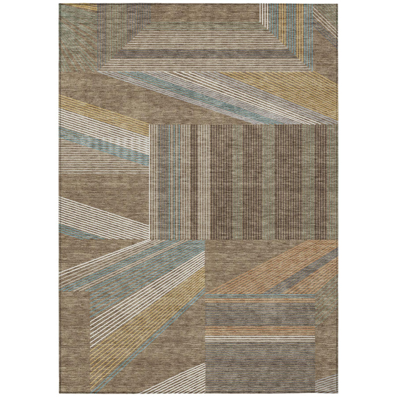 Rectangular geometric area rug in brown, gray, white, and blue stripe patchwork
