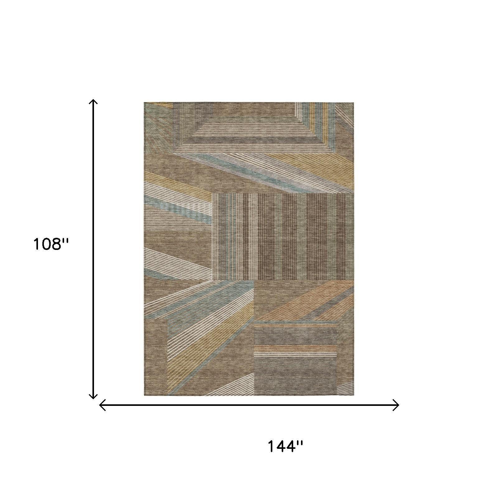 Geometric area rug with brown and gray blocks and blue stripe detail, rectangular