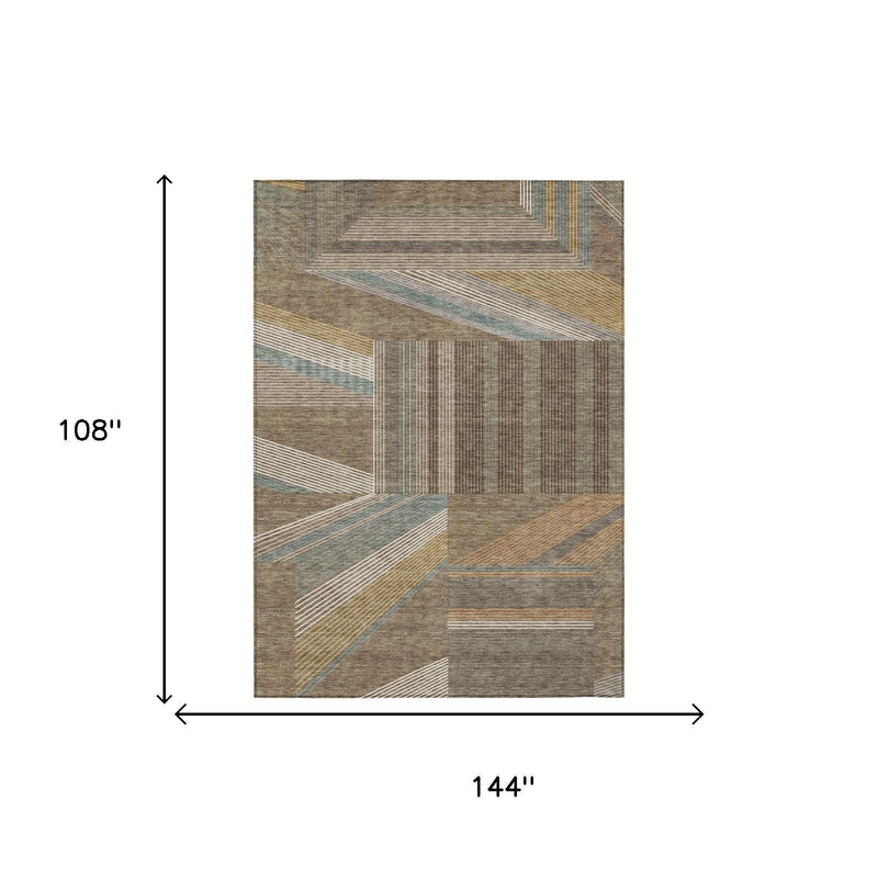 Geometric area rug with brown and gray blocks and blue stripe detail, rectangular