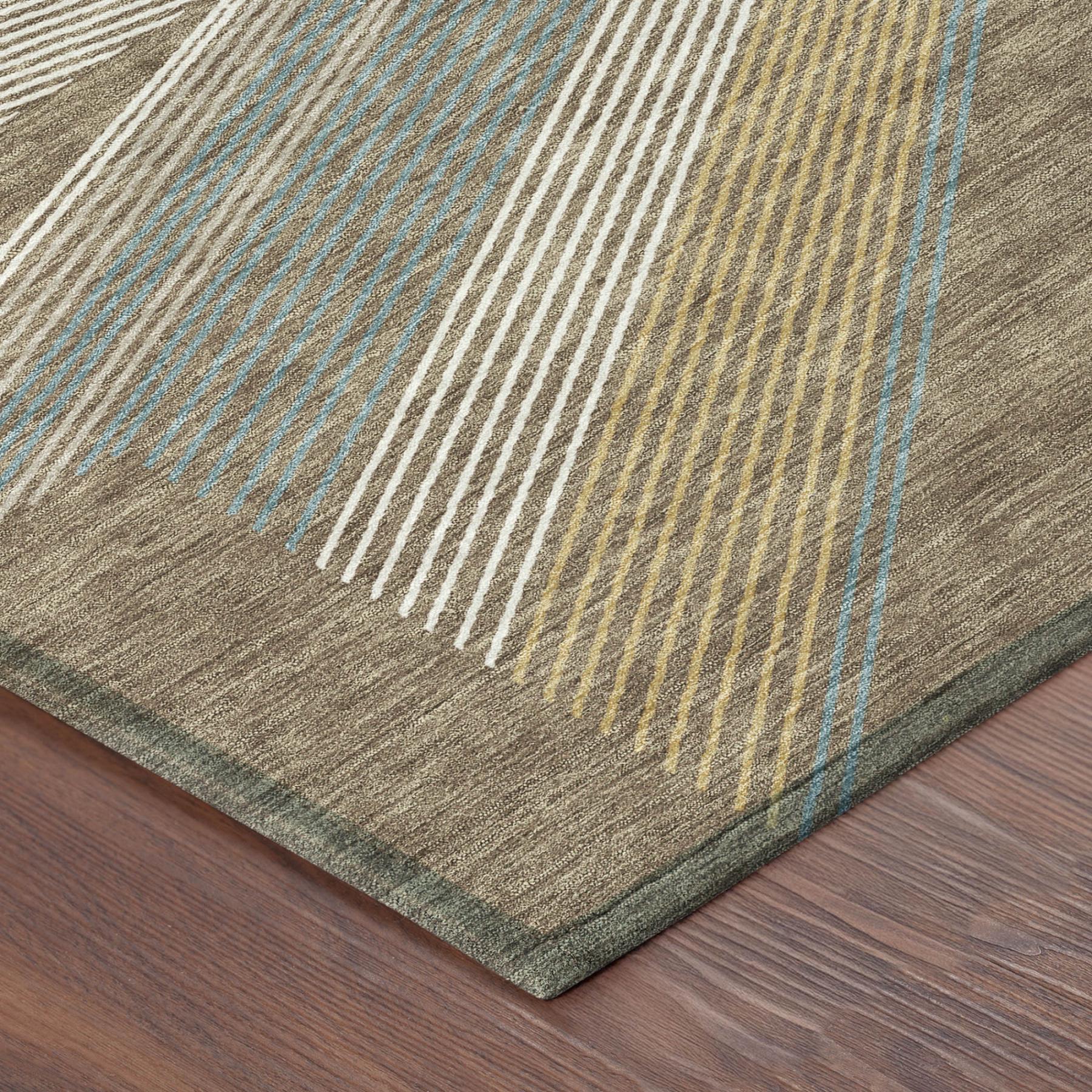 Bordered corner of geometric rug with brown gray base, white stripes, and short fringe