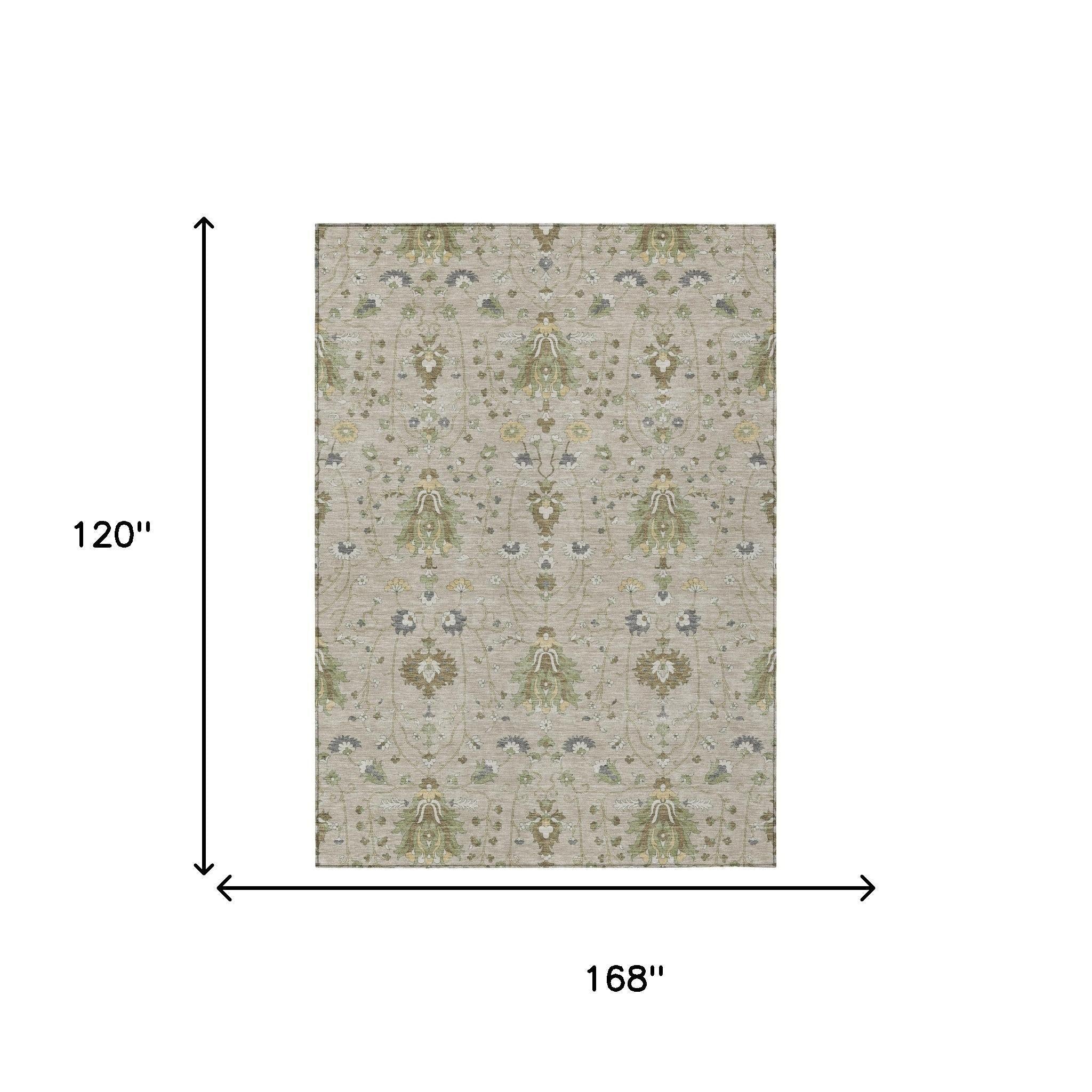 Beige rectangular oriental area rug with repeating medallion and floral motifs