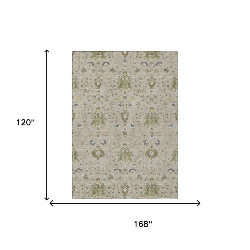Beige rectangular oriental area rug with repeating medallion and floral motifs