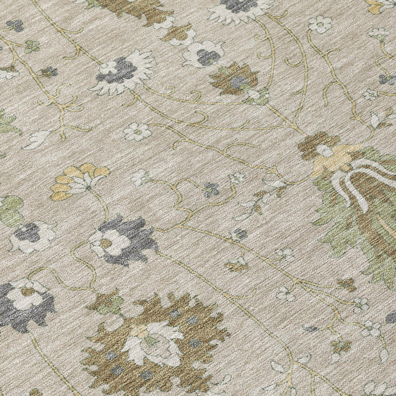 Beige area rug close-up with floral vines and small medallion designs