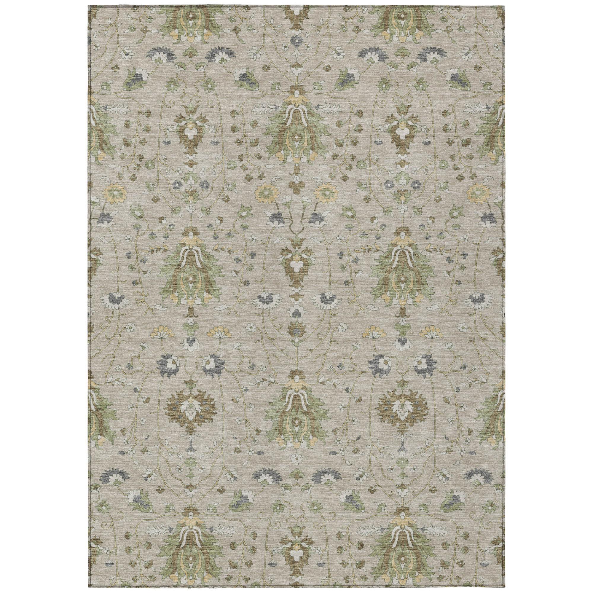 Beige oriental area rug with repeating medallion pattern and decorative border