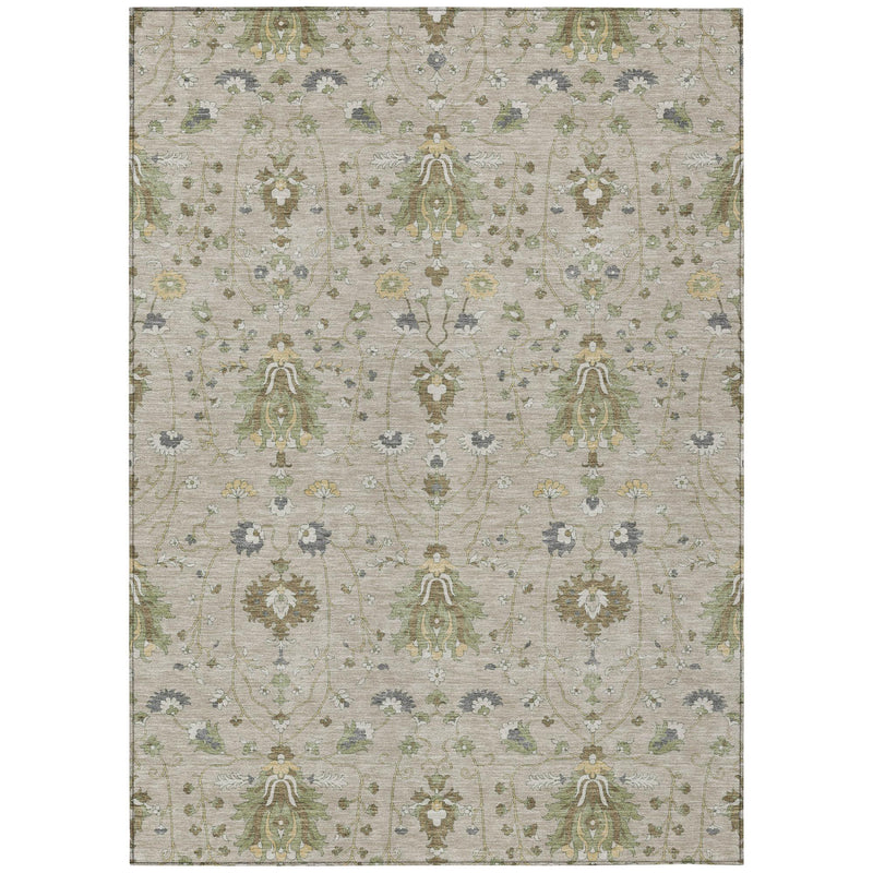 Beige oriental area rug with repeating medallion pattern and decorative border