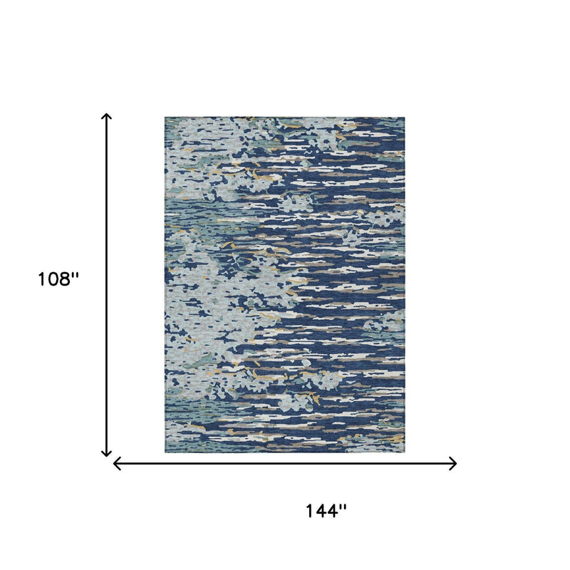 Navy and blue abstract area rug, 144 in x 108 in, rectangular size diagram