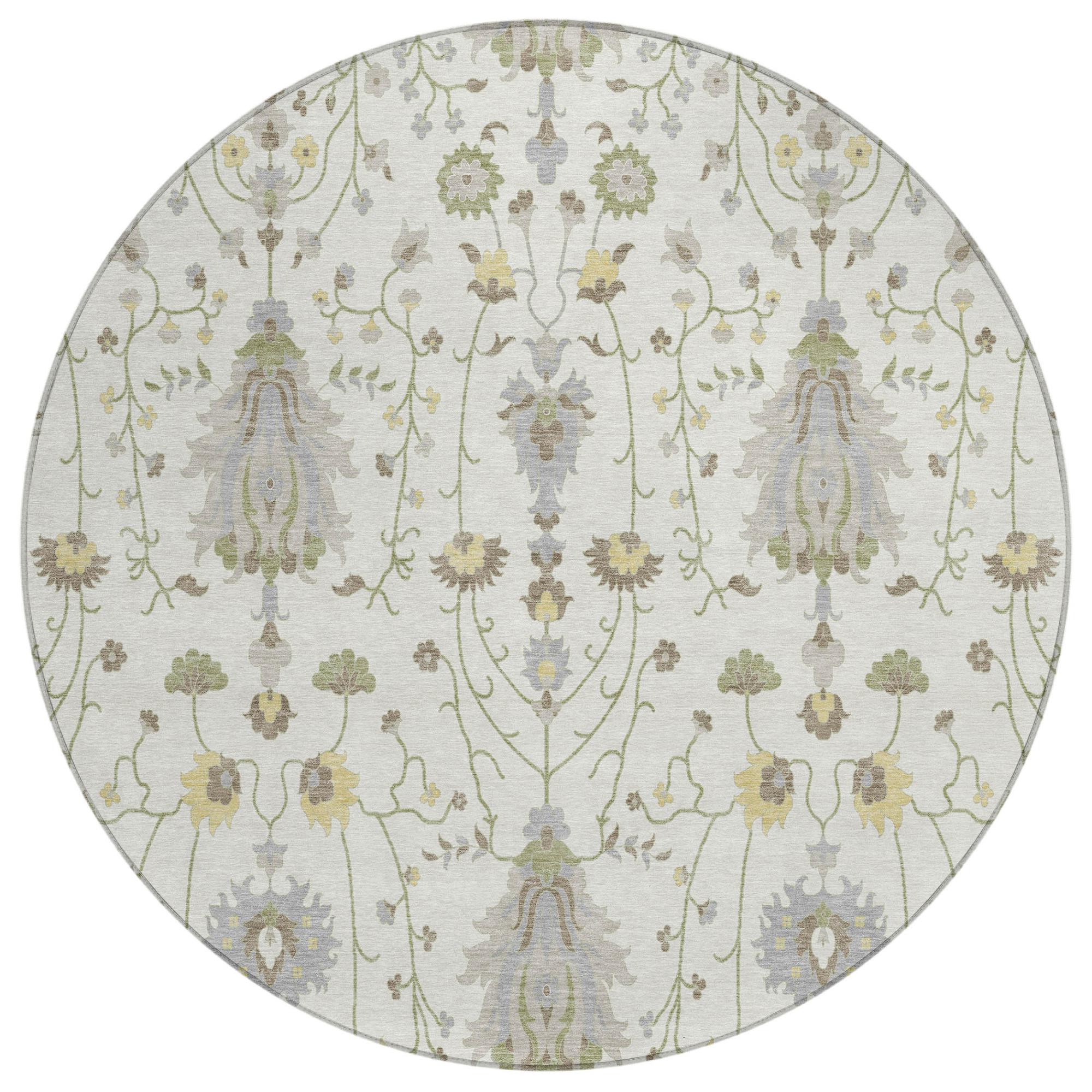 Round ivory rug with vertical medallion motifs in silver-gray and sage green