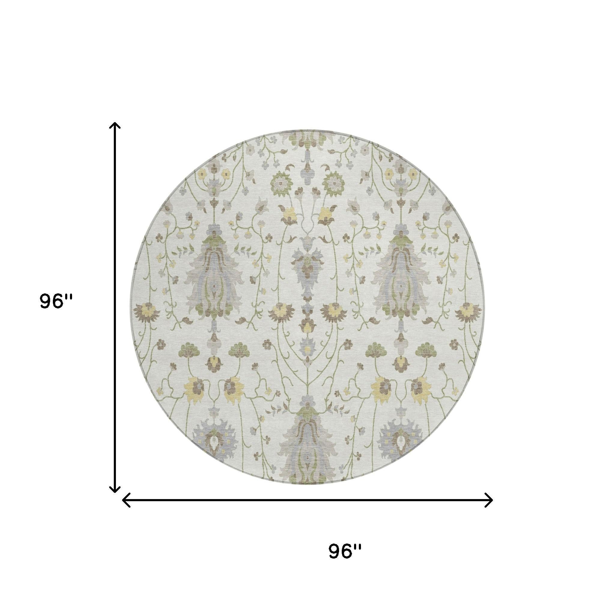 Round ivory rug, 96 in diameter, vertical medallion pattern in silver-gray and sage
