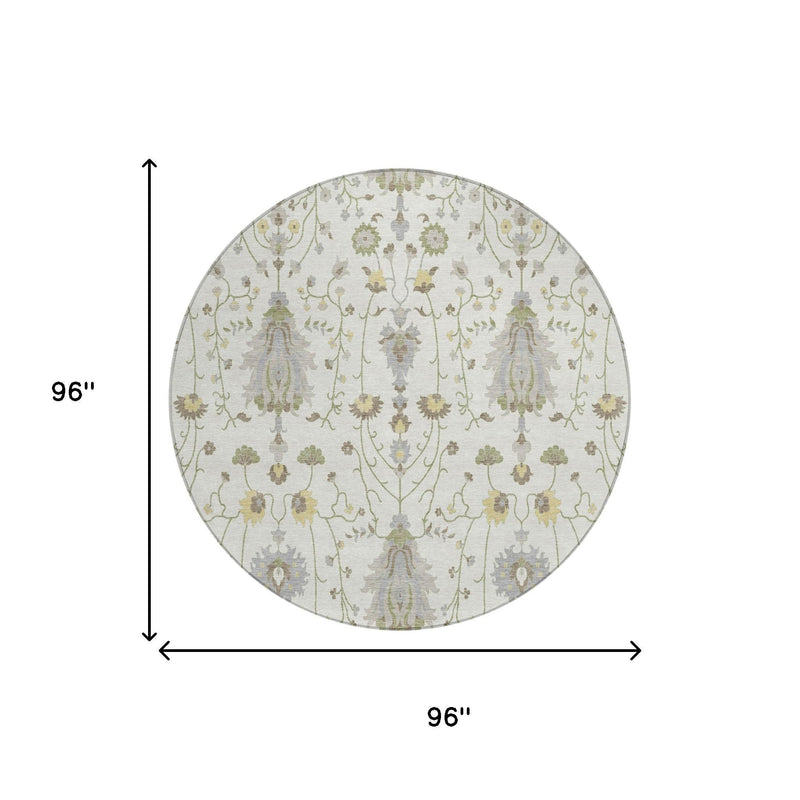 Round ivory rug, 96 in diameter, vertical medallion pattern in silver-gray and sage