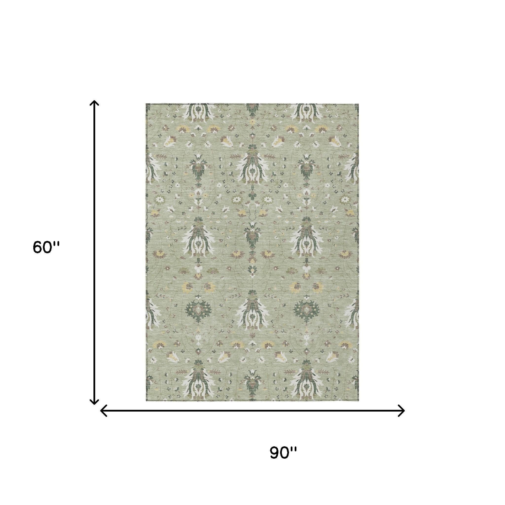 Rectangular sage-green rug with ornate damask and floral motifs