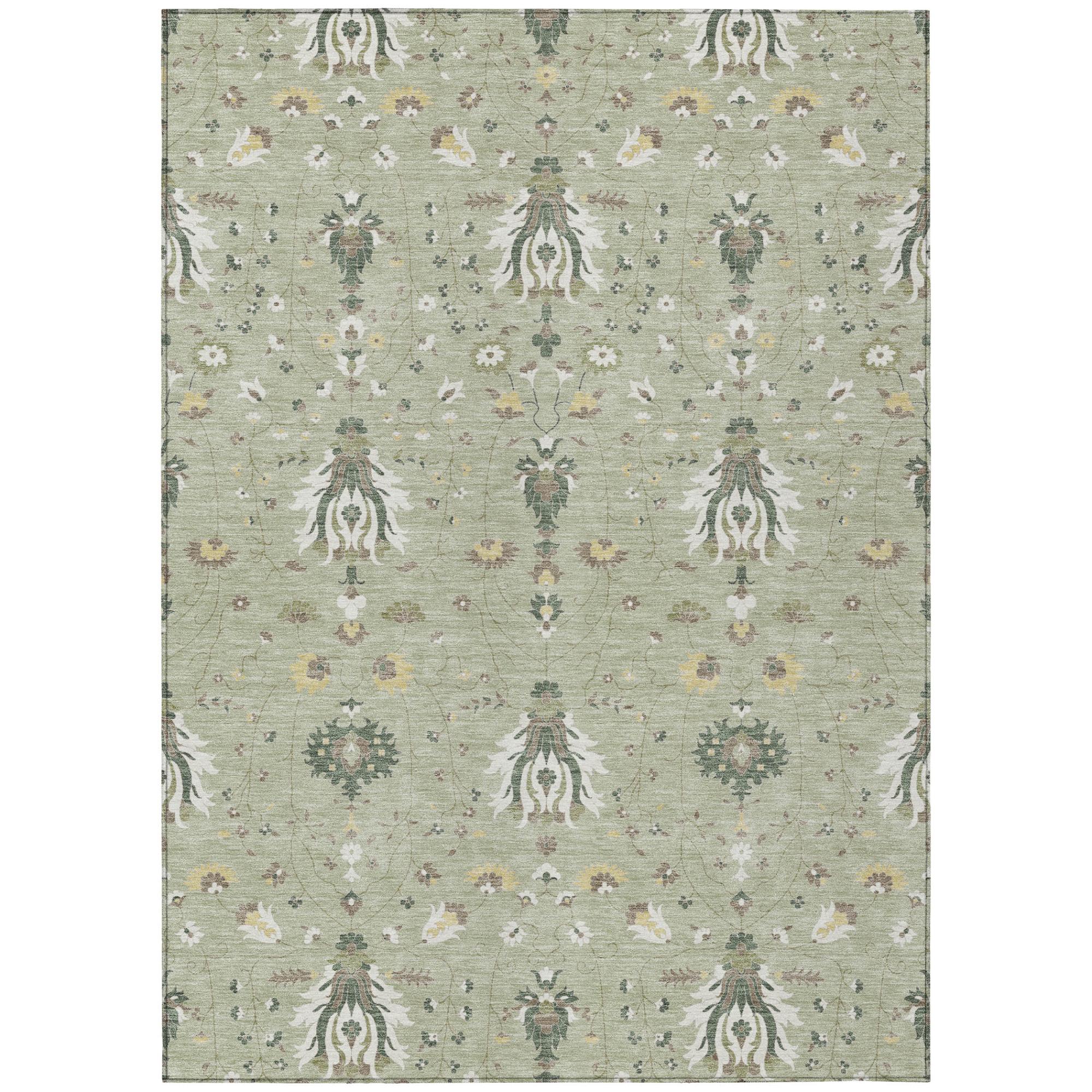 Sage green oriental area rug with repeating central medallions and small florals