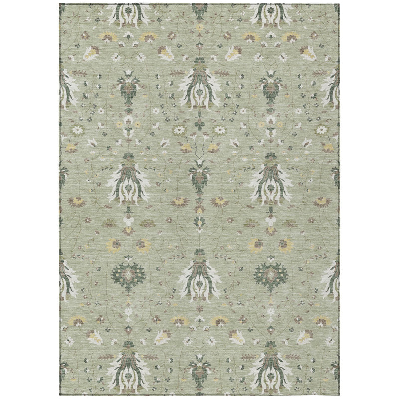 Sage green oriental area rug with repeating central medallions and small florals