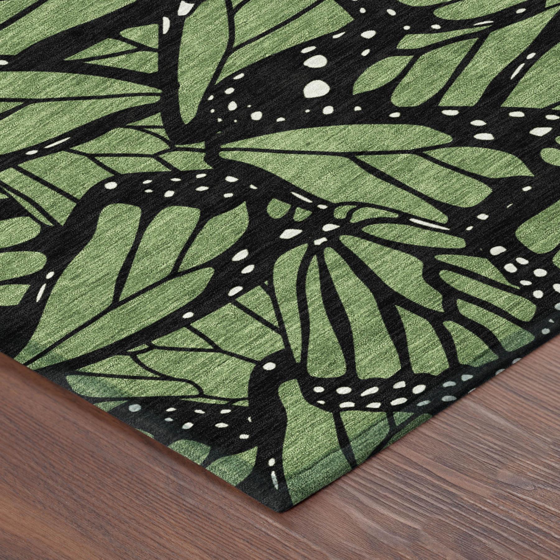Green and black butterfly animal print area rug with layered leaf silhouettes