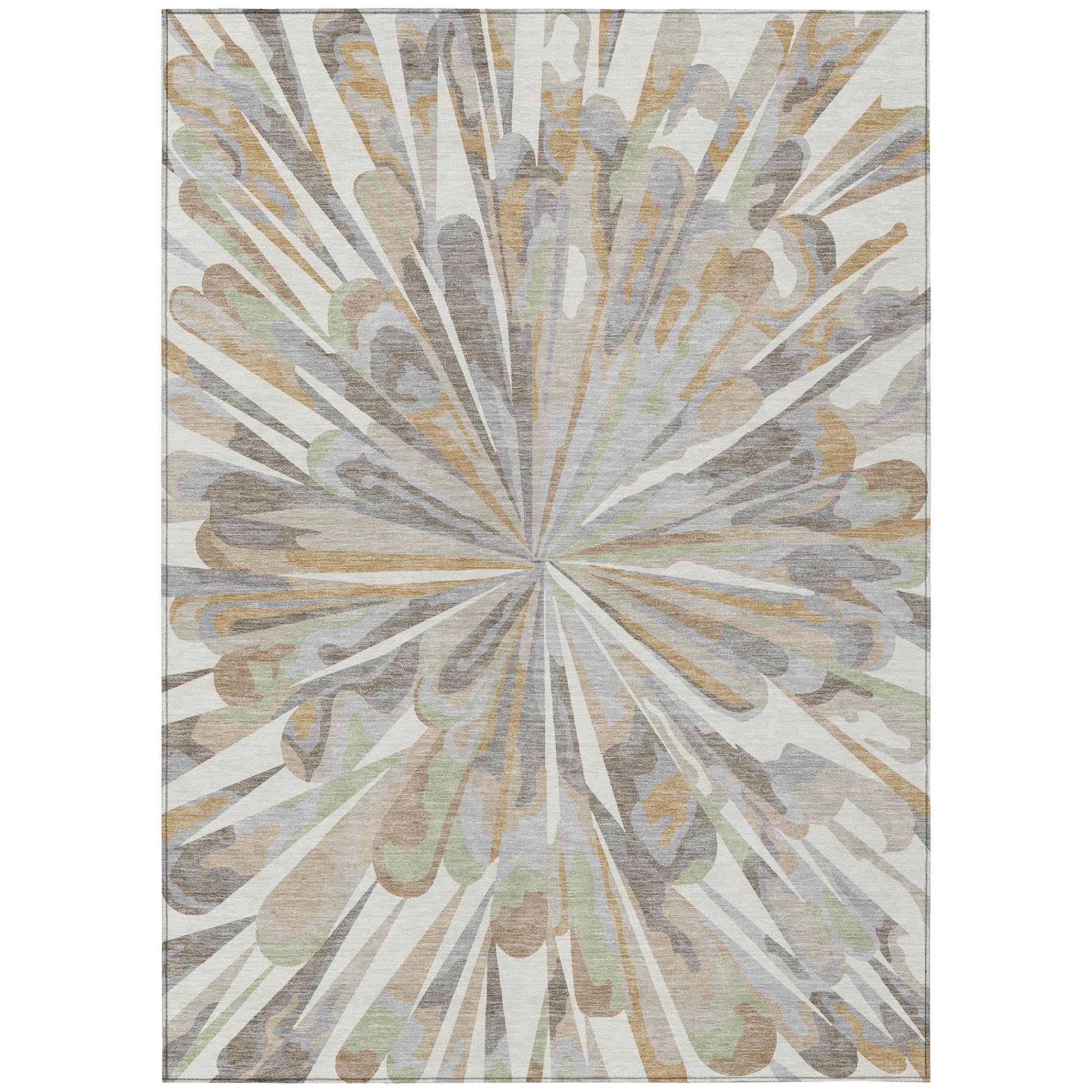 Ivory and silver abstract area rug with large circular center and outward sunburst spokes