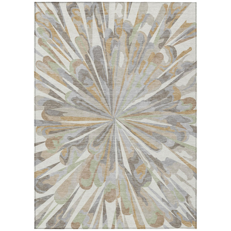 Ivory and silver abstract area rug with large circular center and outward sunburst spokes