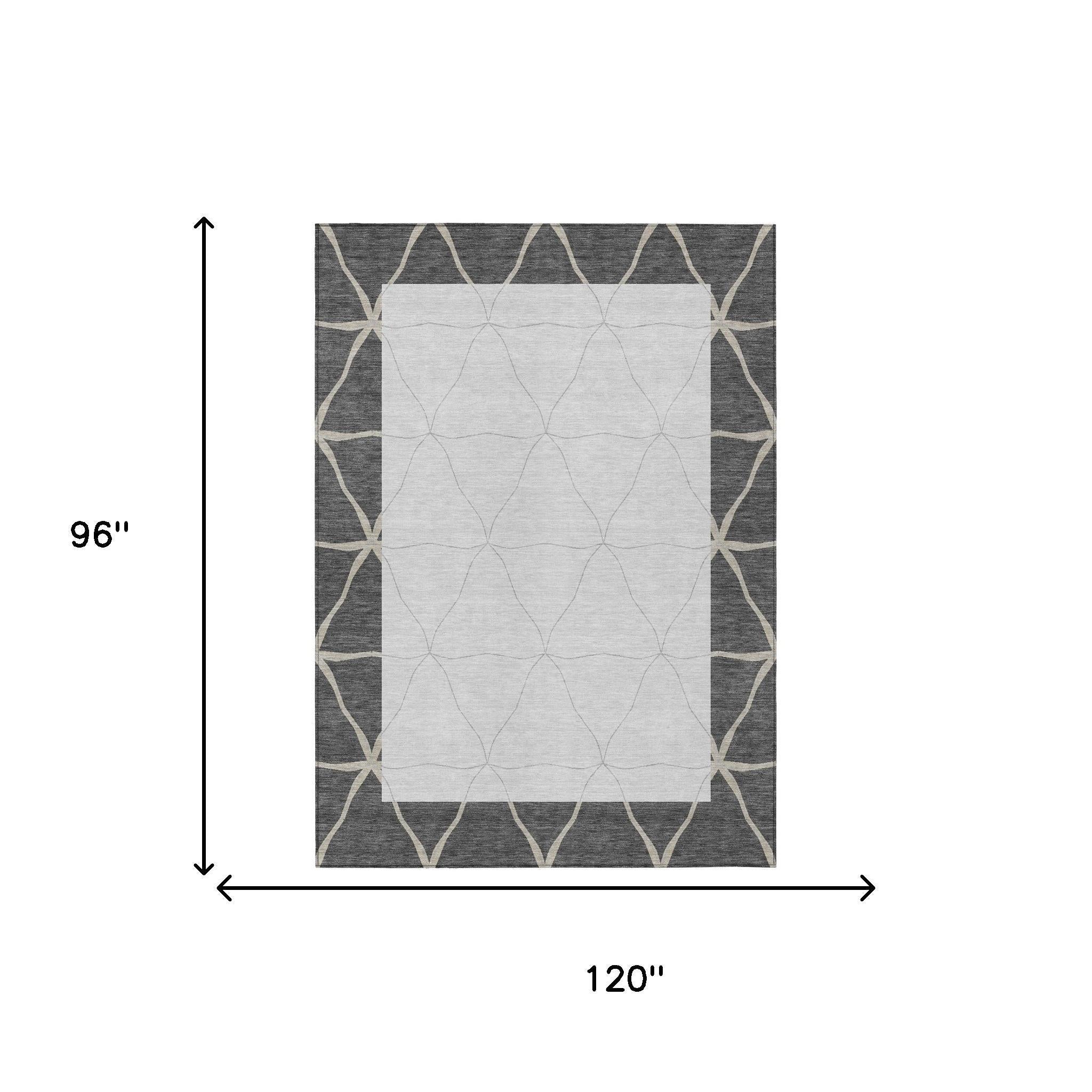 Graphite and light gray geometric area rug, top view with repeating star motif