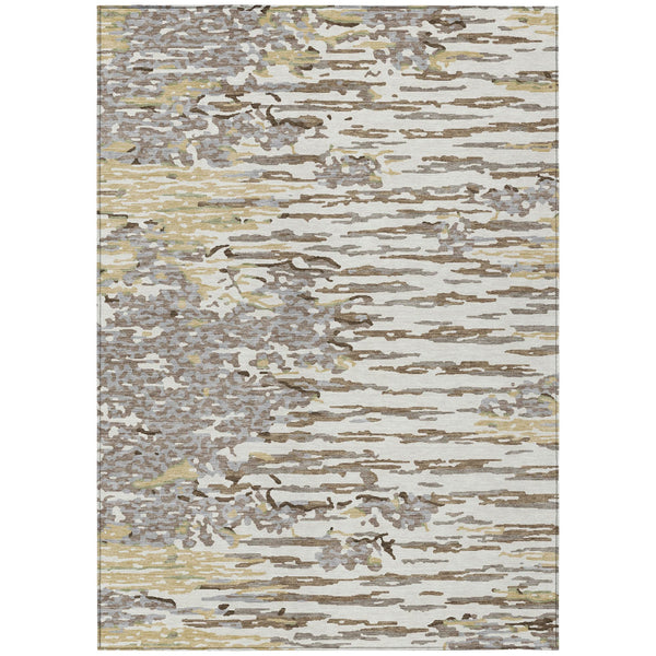 Ivory and silver abstract washable area rug with horizontal distressed pattern.