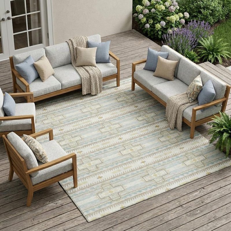 Ivory and cream tribal area rug with blue geometric pattern for indoor outdoor use