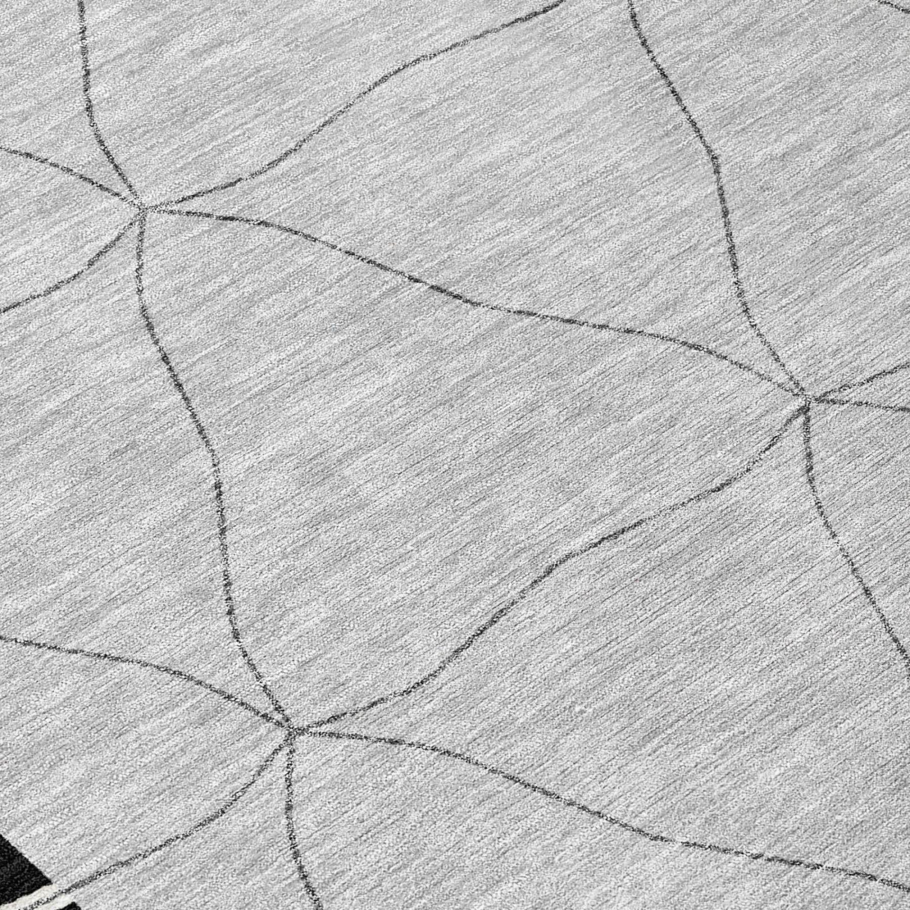 Geometric area rug with light gray field, black lattice lines, and diamond motifs