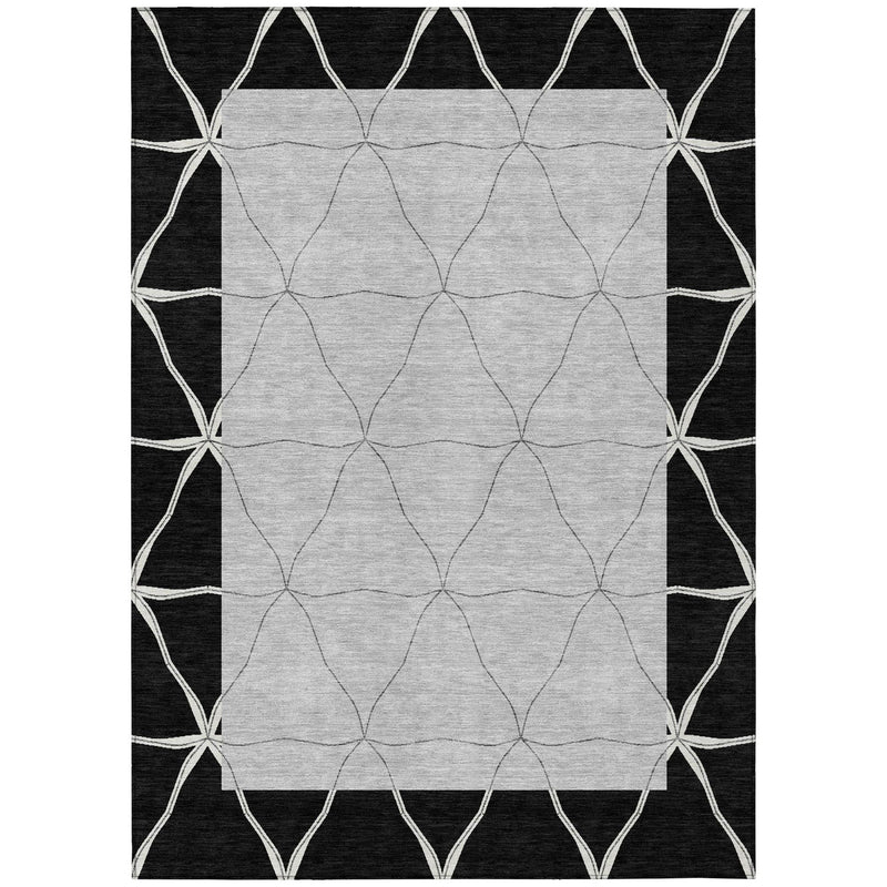 Square area rug with black border and silver diamond lattice, rounded corner triangles