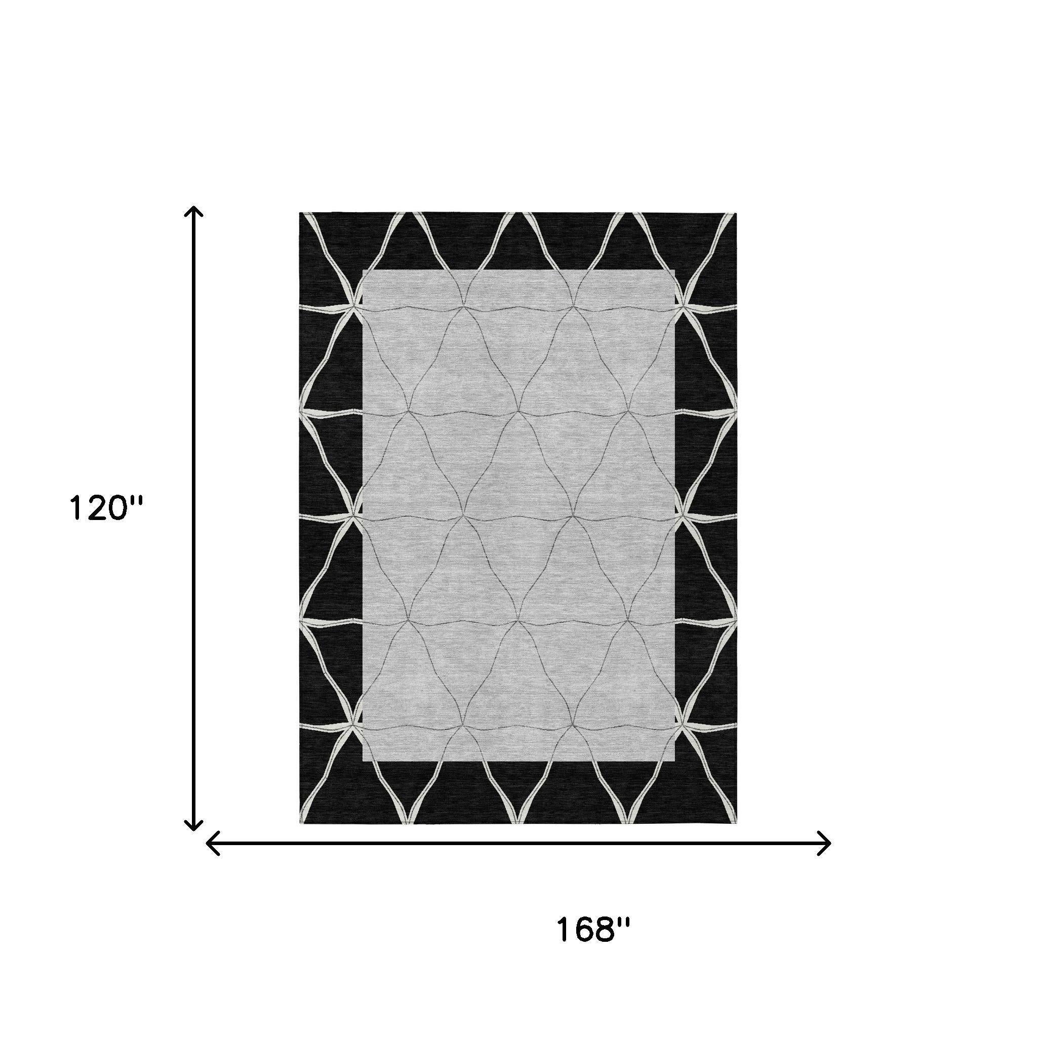 Black border and silver geometric lattice area rug, square design
