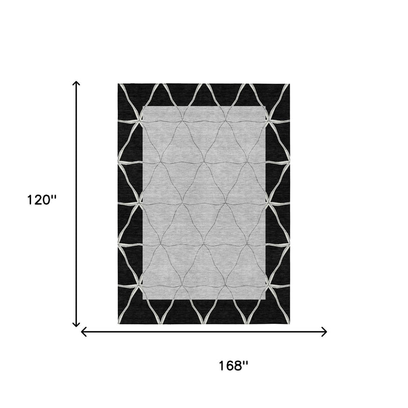 Black border and silver geometric lattice area rug, square design