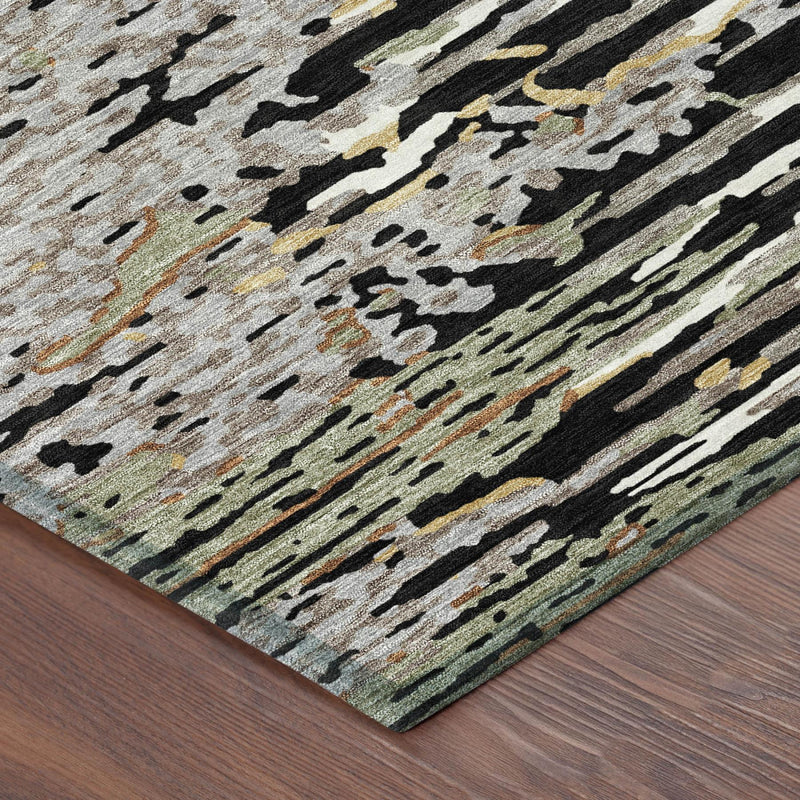 Abstract area rug corner detail with black, light gray, and muted olive accents