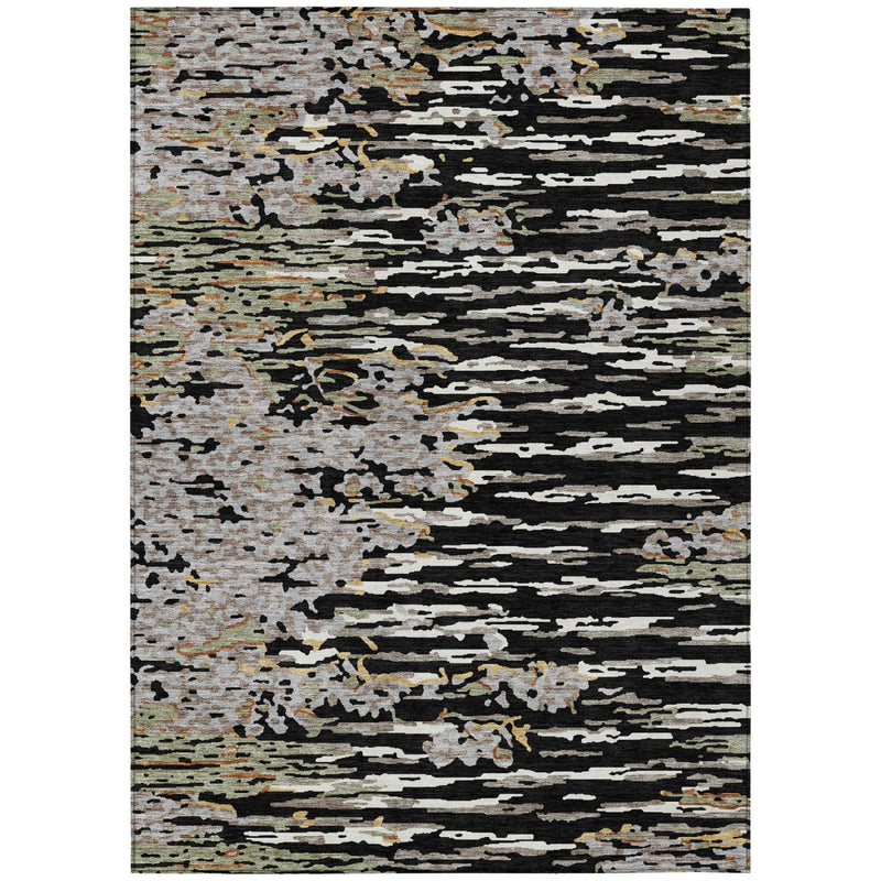 Rectangular abstract area rug with black, graphite, light gray, and subtle olive flecks