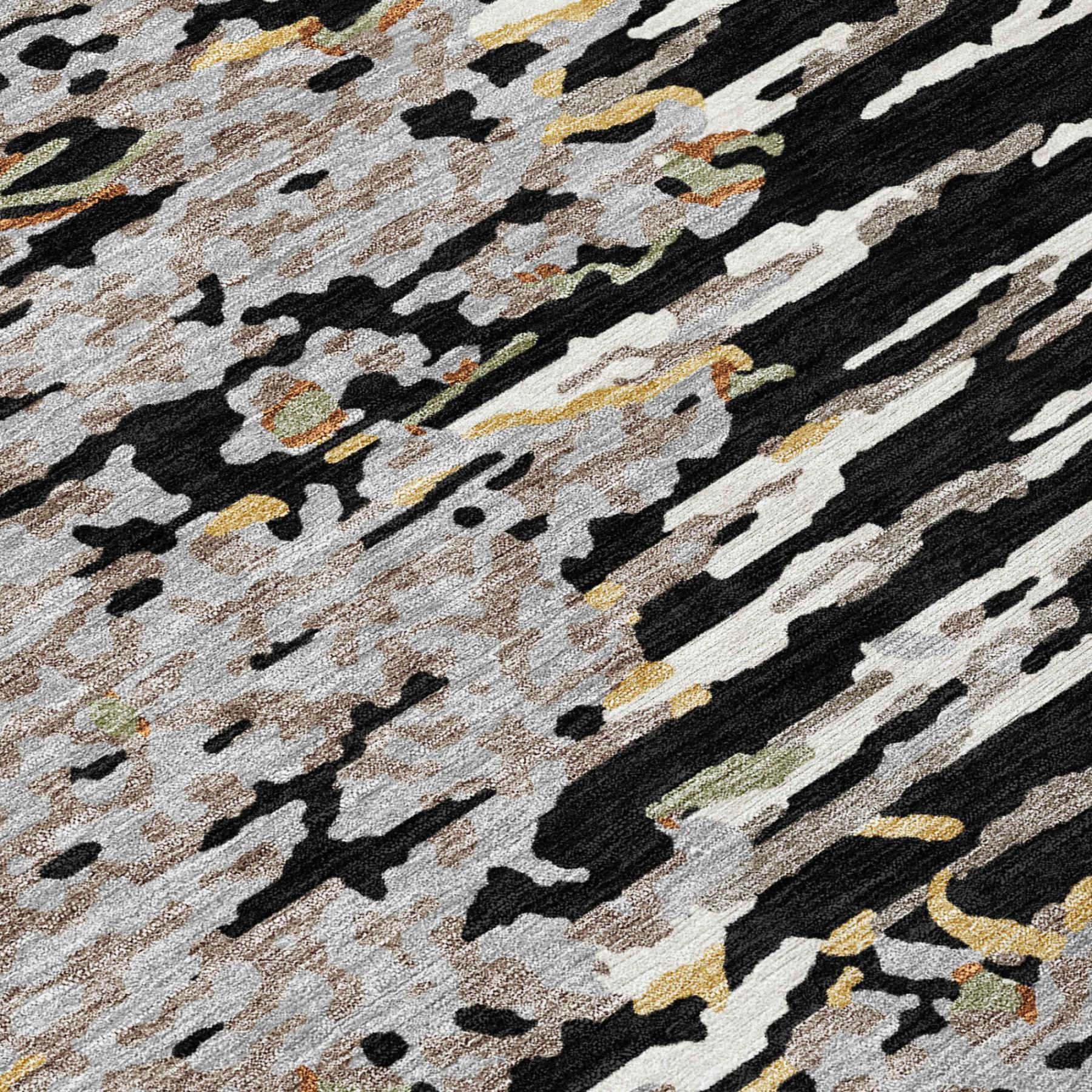 Abstract area rug close-up with black stripes and beige background with olive and gold notes