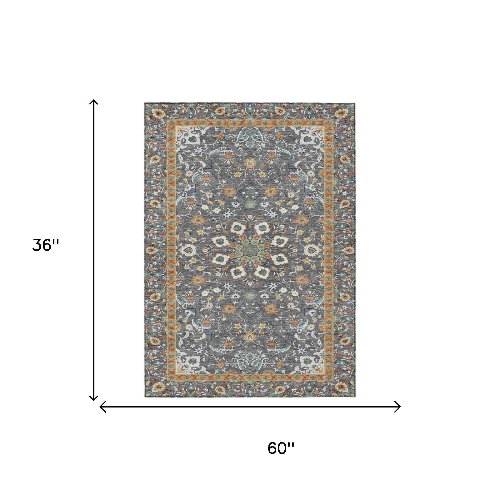 Gray oriental area rug, 36 in x 60 in, floral medallion with border.