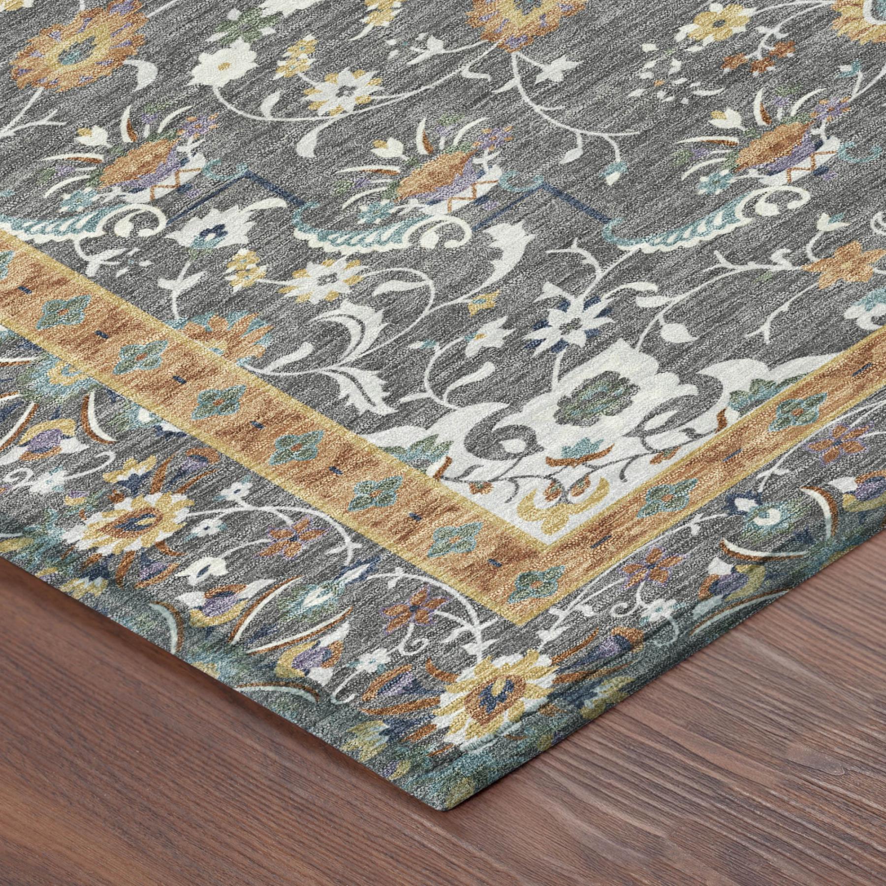 Gray oriental rug corner with floral vines and multicolor border detail.