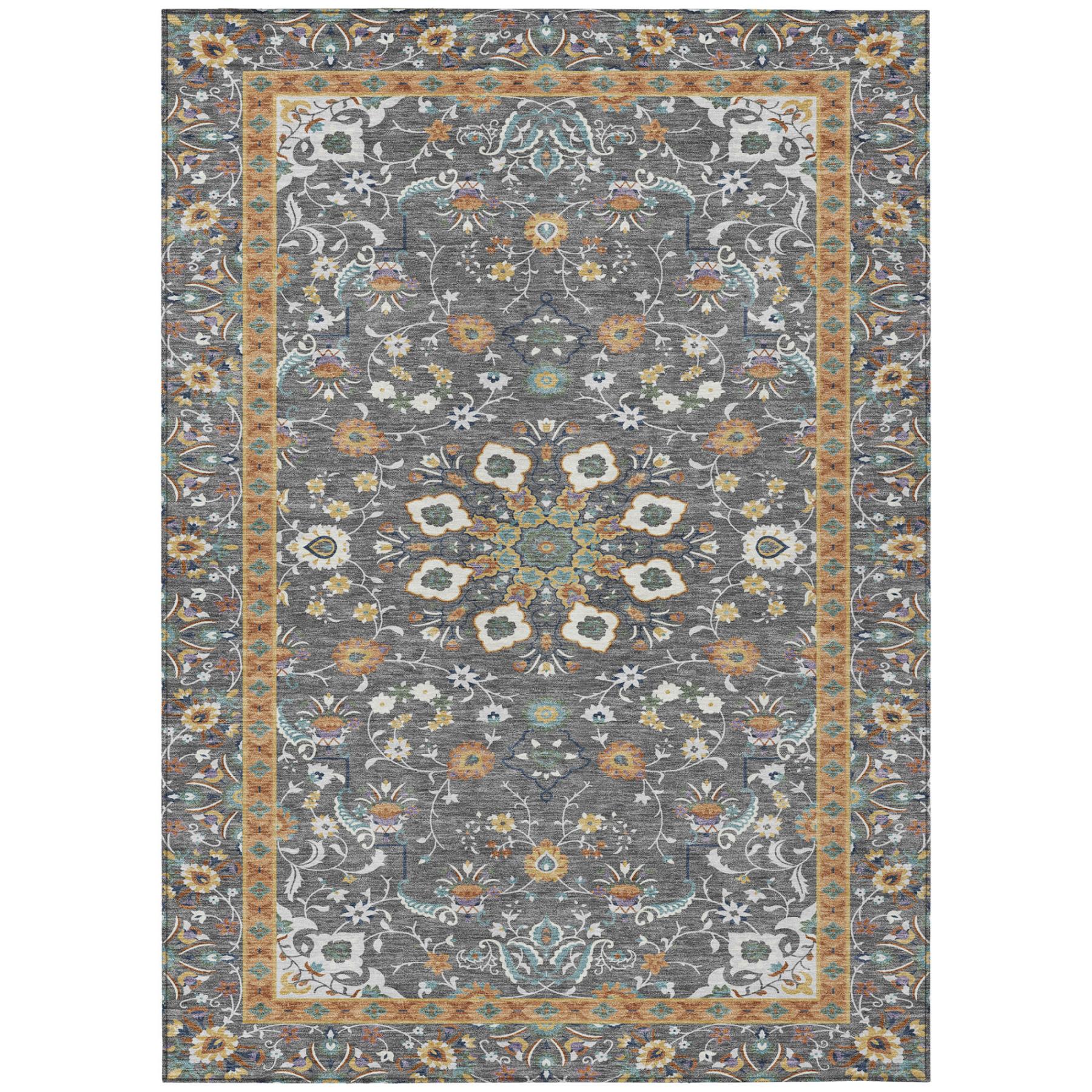 Gray oriental area rug full view with floral medallion pattern and multicolor border.