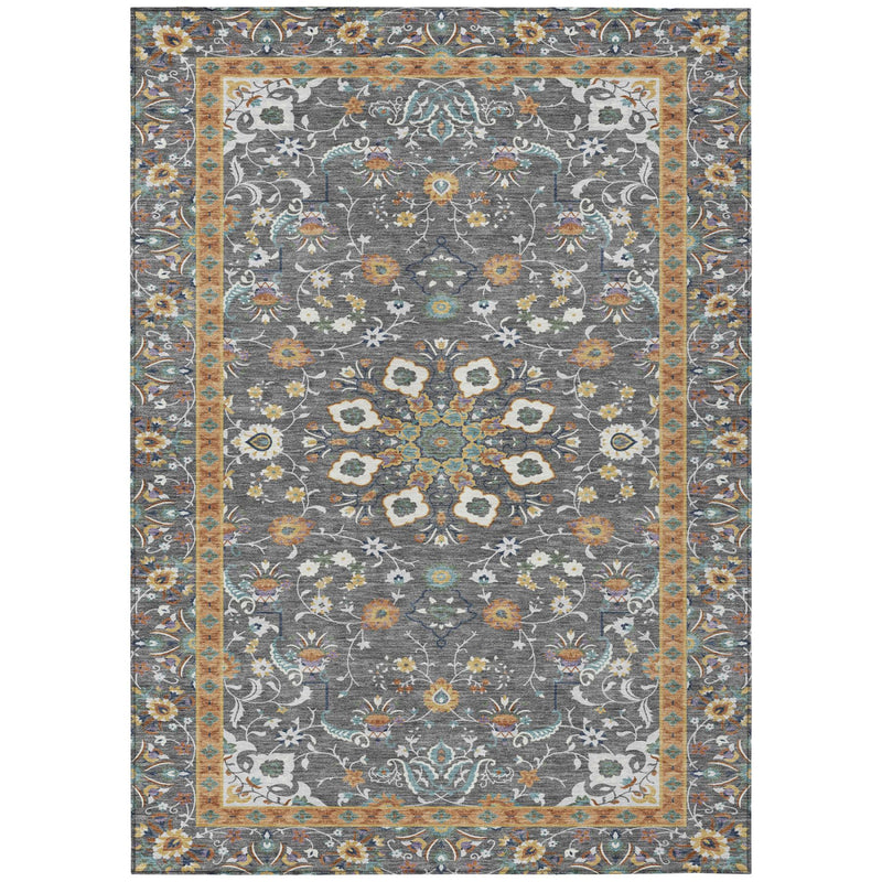 Gray oriental area rug full view with floral medallion pattern and multicolor border.