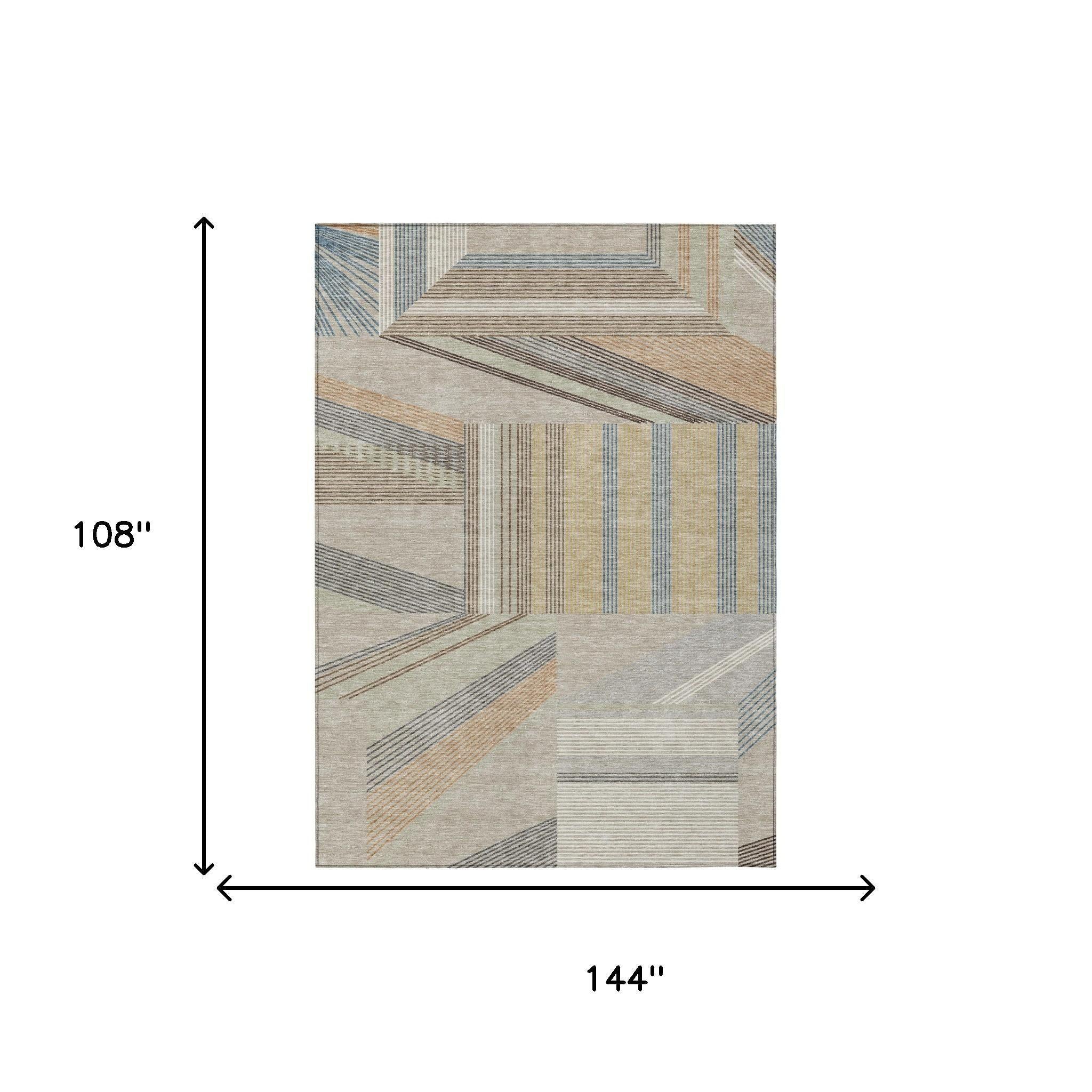 Beige and brown geometric washabile indoor outdoor area rug, 9x12 inches size shown